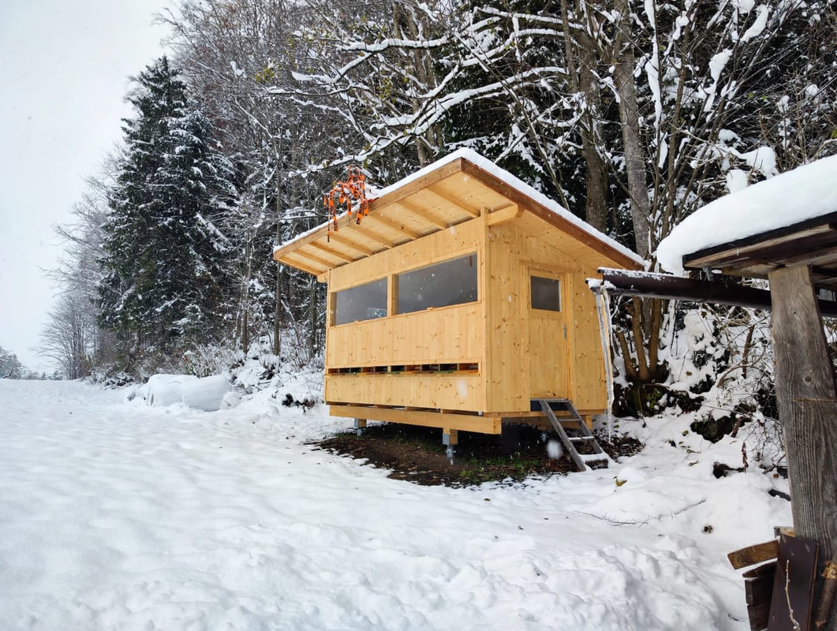 Bienenhaus aus Holz im tiefen Schnee am Waldrand